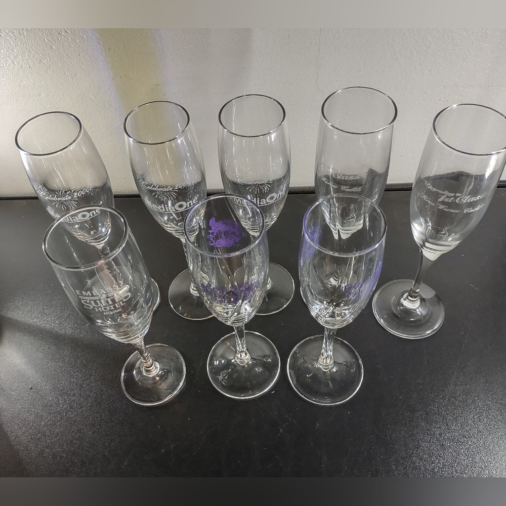 Lot of 8 Clear Glass Stemmed champagne flute glasses Assorted Mixed